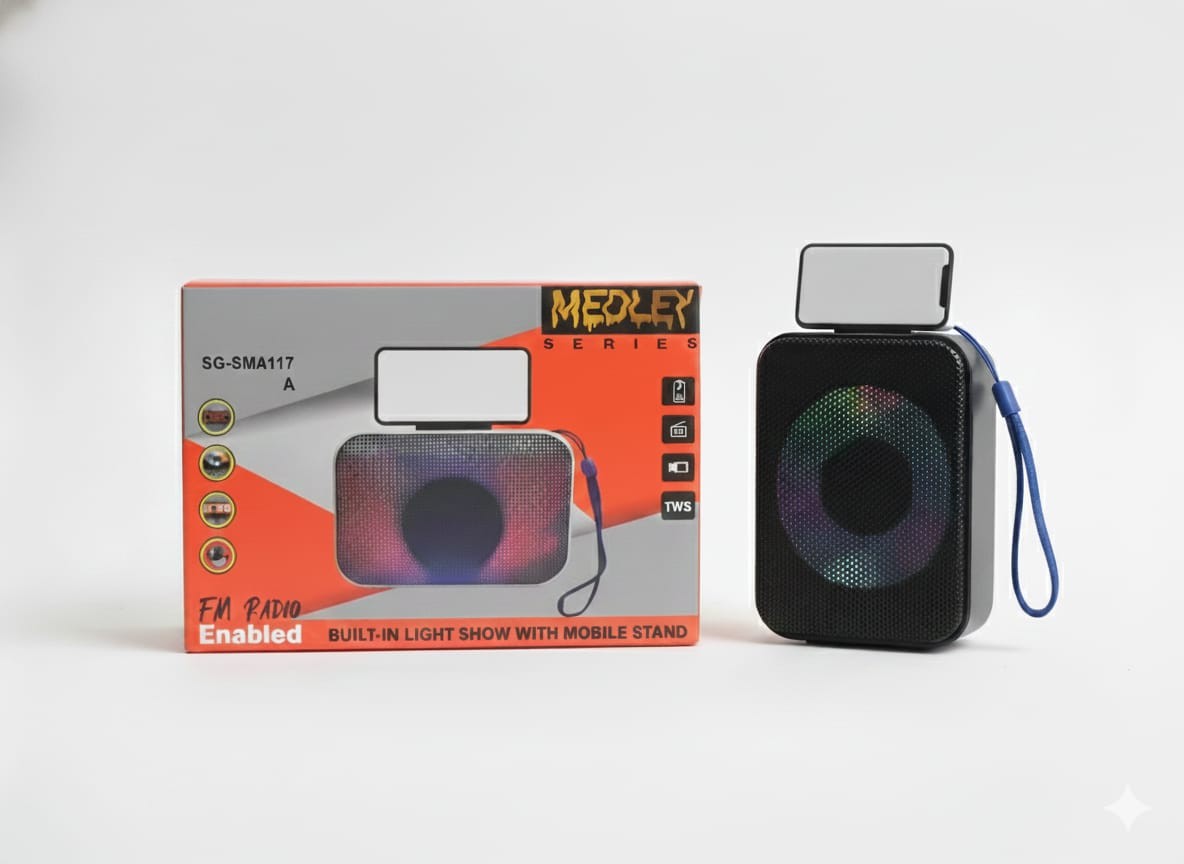 SSBRIGHT SG-SM4117A Portable Bluetooth Speaker with FM Radio, LED Light Show & Mobile Stand | TWS, USB, TF Card Support