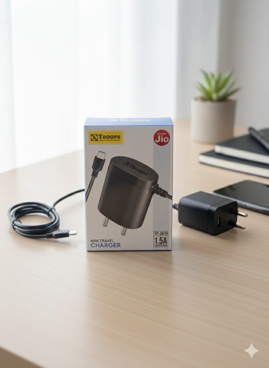 Troops Mini Travel Charger 1.5A with USB Cable (Jio Compatible) With 6 Month Warrenty